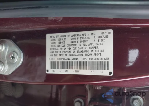 2010 Honda Accord 2.4 Lx-P z USA, uszkodzony, nr VIN 1HGCP2F48AA128045